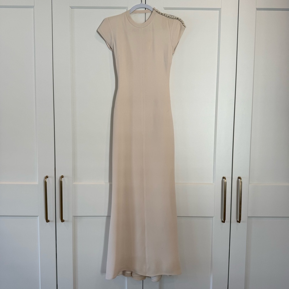 Vintage Silk Wedding Gown with Button Shoulder Details and Mesh Back